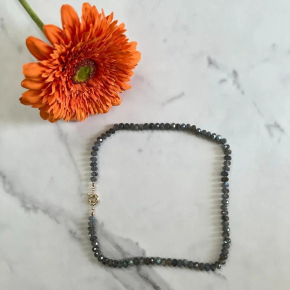 Genuine Labradorite Gemstone Bead Silk Knot Necklace Gold Filled Clasp - Picture 2 of 7